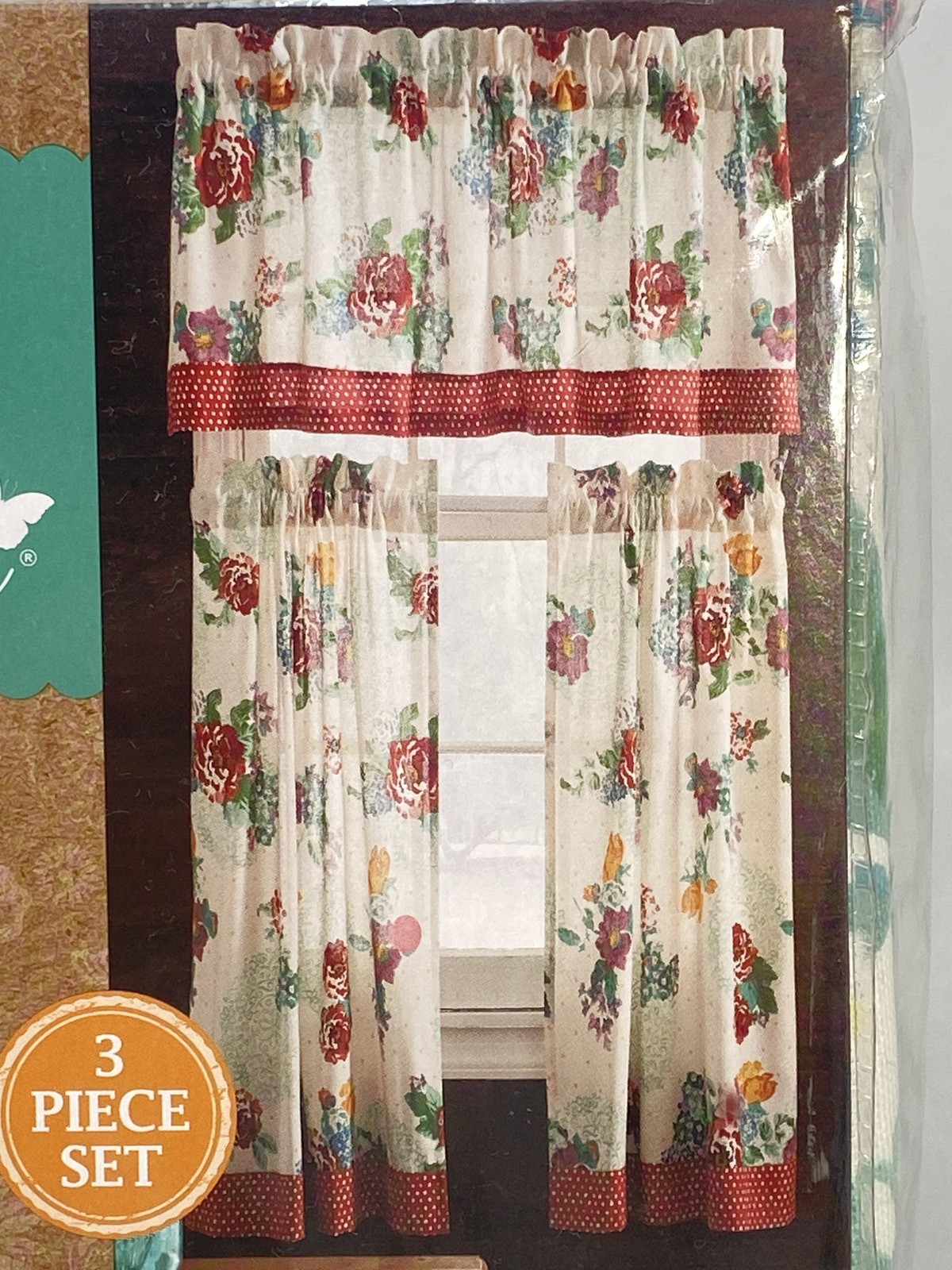 Pioneer Woman Country Garden Curtain Set Small Window Floral 3 Piece Valance Tie