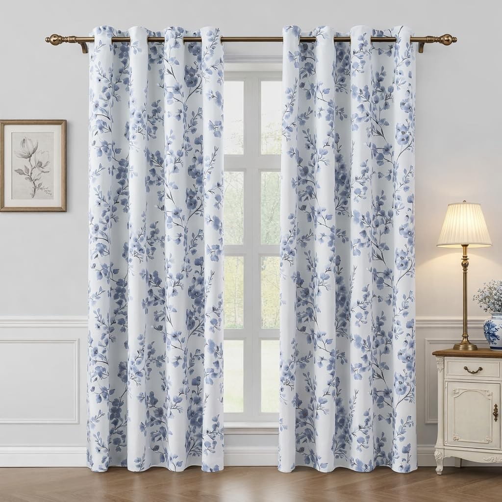 Homeideas Grey Blue Floral Blackout Curtains 52 X 84 Inches Long Room Darkening