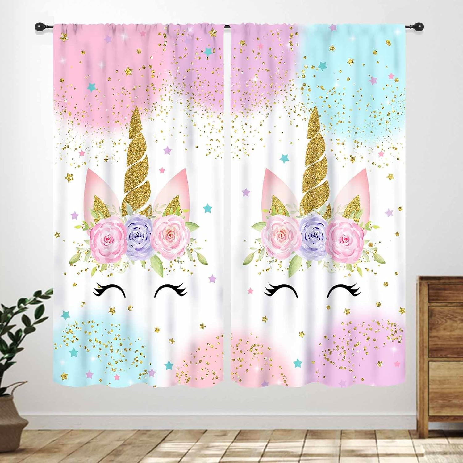 Unicorn Curtains for Girls Bedroom,Pink Fantasy Rainbow Princess Unicorn Windows