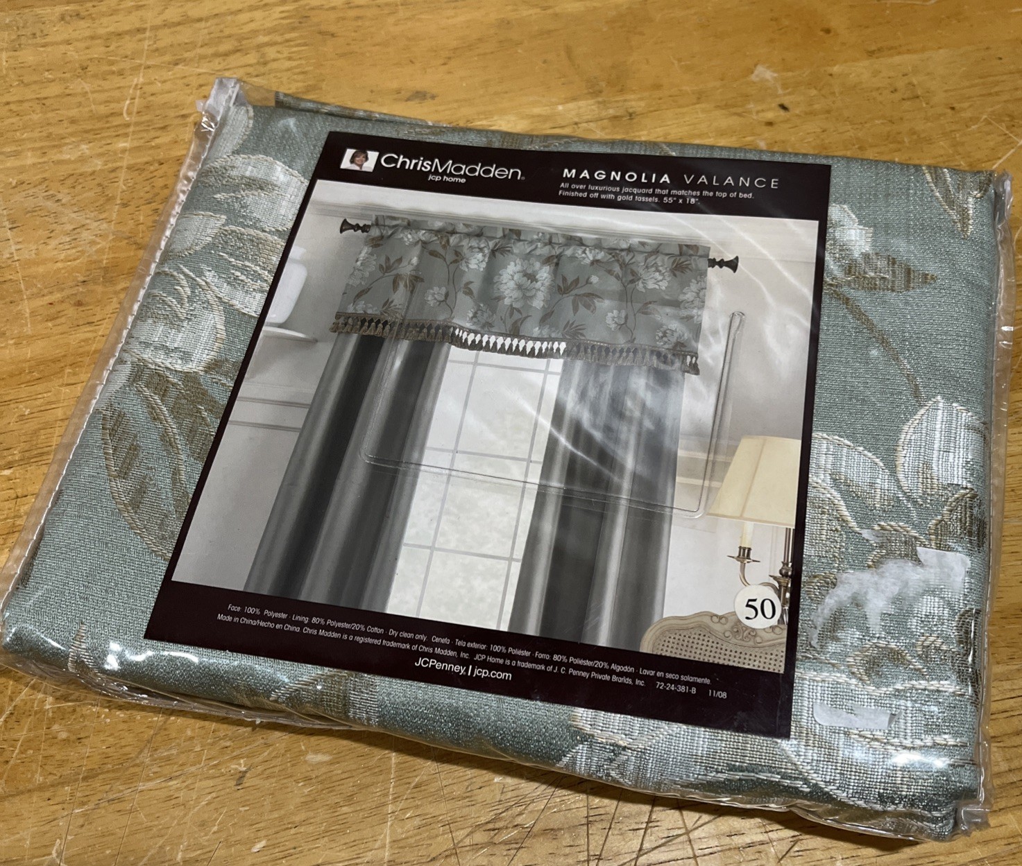 Vtg Chris Madden Magnolia Valance Blue White Shiny 25×18″ Formal Fringe