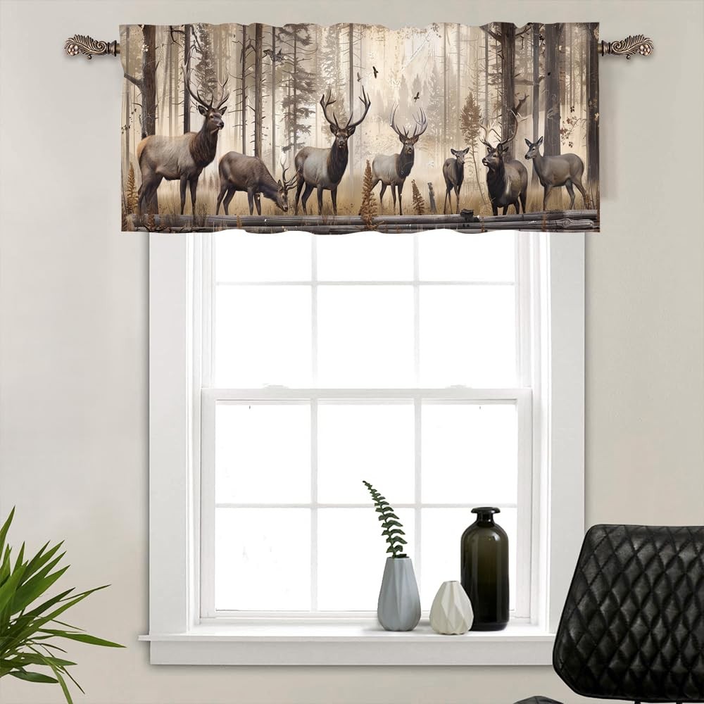 1 Panel Farmhouse Forest Deer Curtain Valance for Windows, Rustic Animal Them…