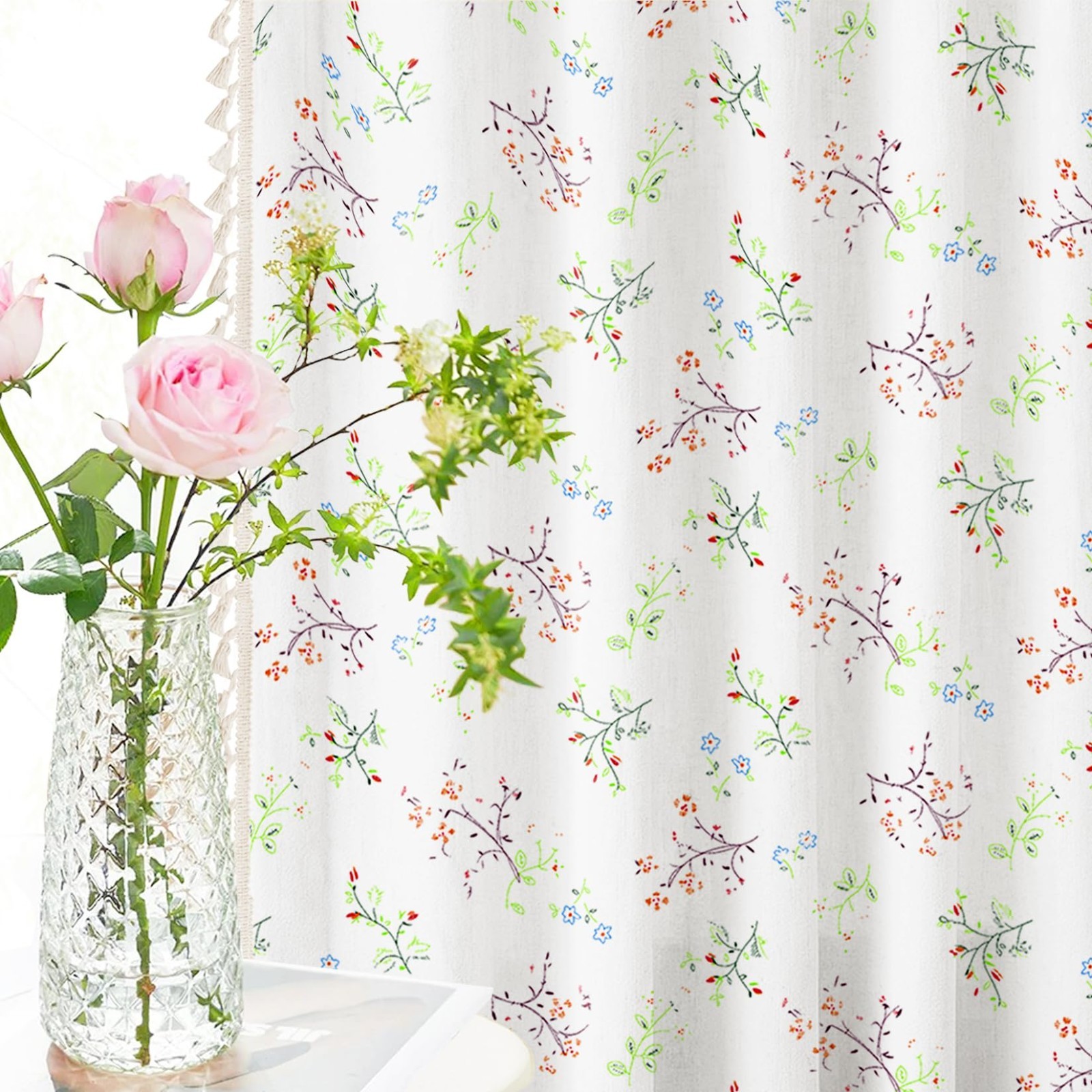 Floral Farmhouse Curtains 84″ Linen Drapes for Living Room & Bedroom, 2 Panels w