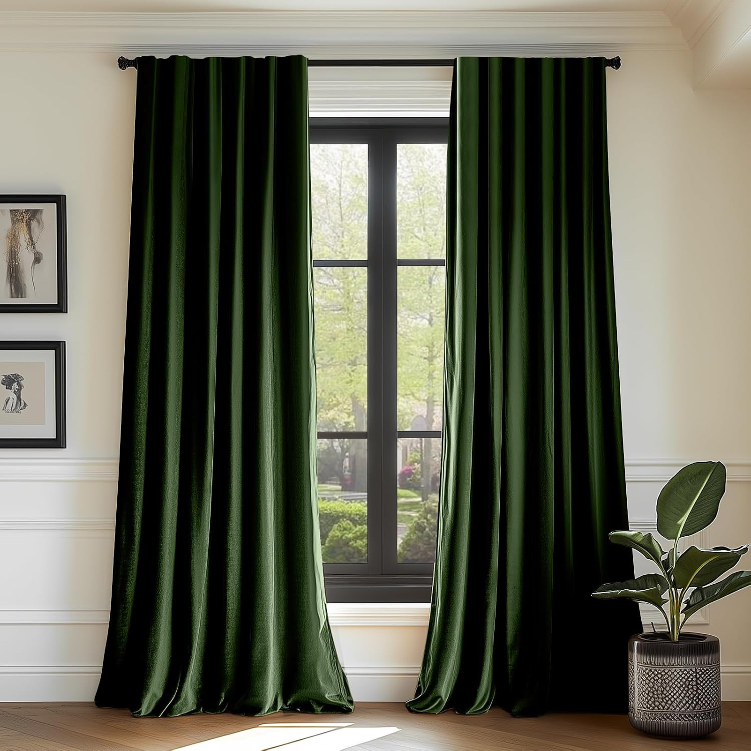 Moss Green Velvet Thermal Insulated Curtains – 63 Inch Darkening Drapes, Set of