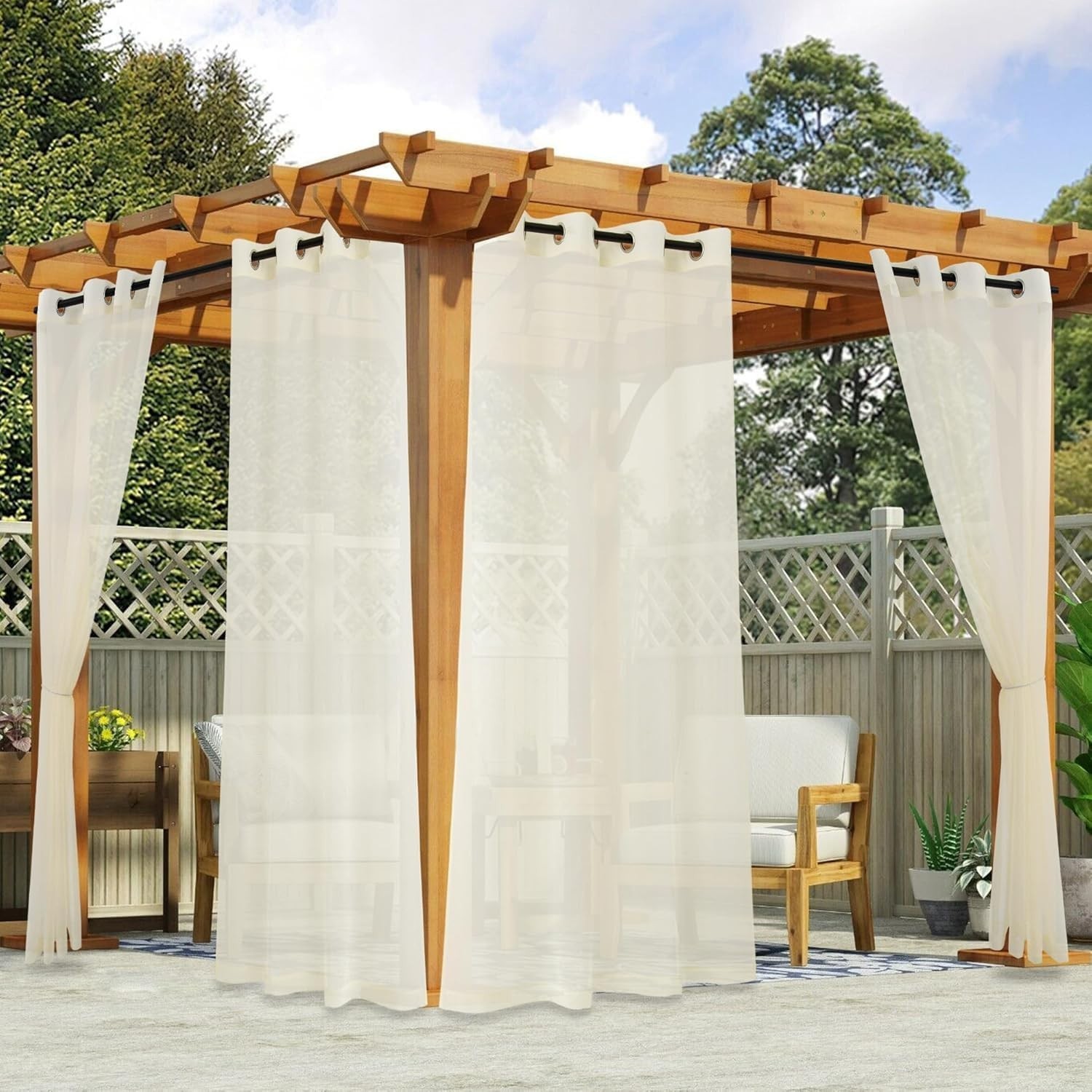 Waterproof Outdoor Sheer Curtains – 4 Panels Ivory Grommet Drapes, 52″x120