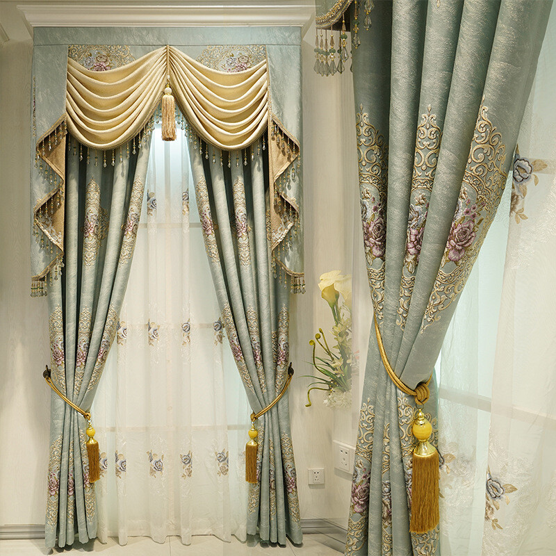 Custom luxury vintage blue cloth blackout curtain tulle valance drape C1676