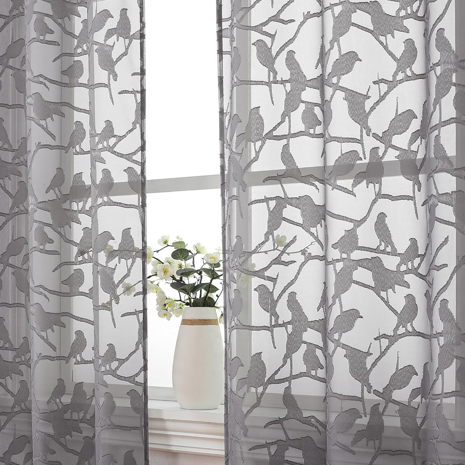 Grey Small Sheer Curtains 45 Inch Length 2 Panels Set, Light Filtering Soft Airy