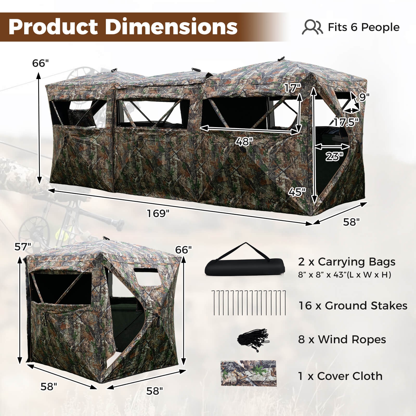 2-6 Person Side-by-Side Hunting Blinds w/Noise-free Windows, Swing Doors Bag