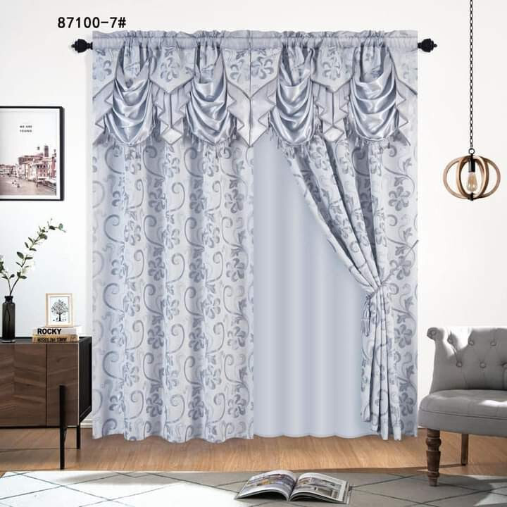 Bollft 2 Panel Luxury Jacquard Curtain with Valance & Backing (Silver & Gray)