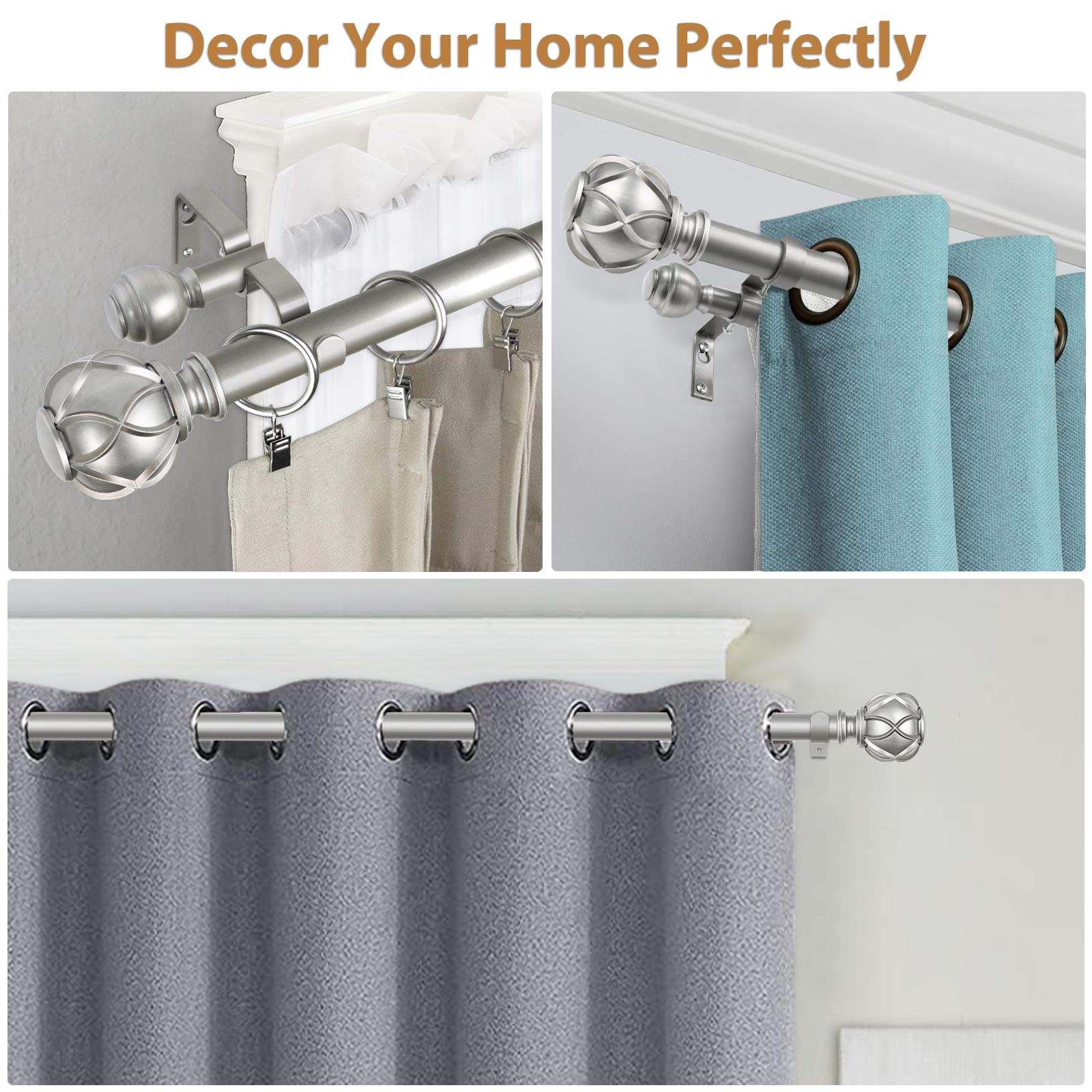 KAMANINA 1 Inch Double Curtain Rods for Windows 72 to 72-144″, Antique Silver