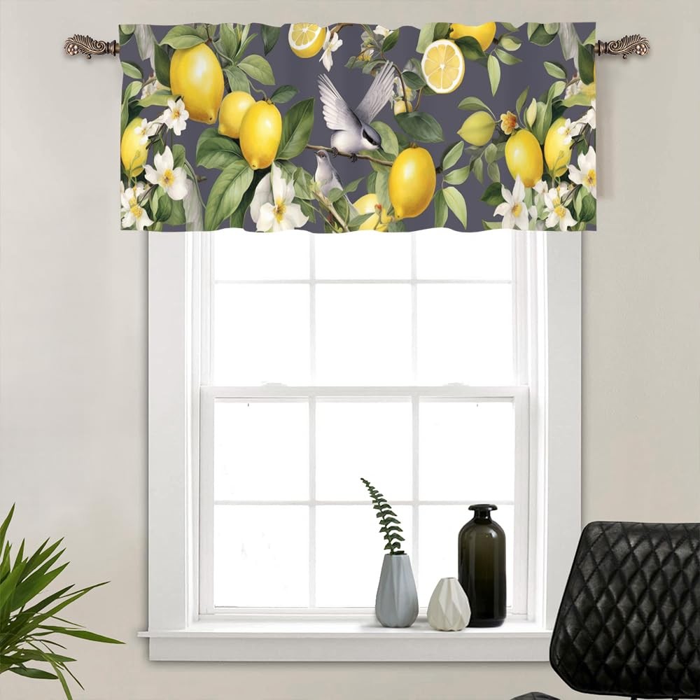 1 Panel Rustic Lemon Bird Window Valances, Yellow Fruit Food Window Treatment…