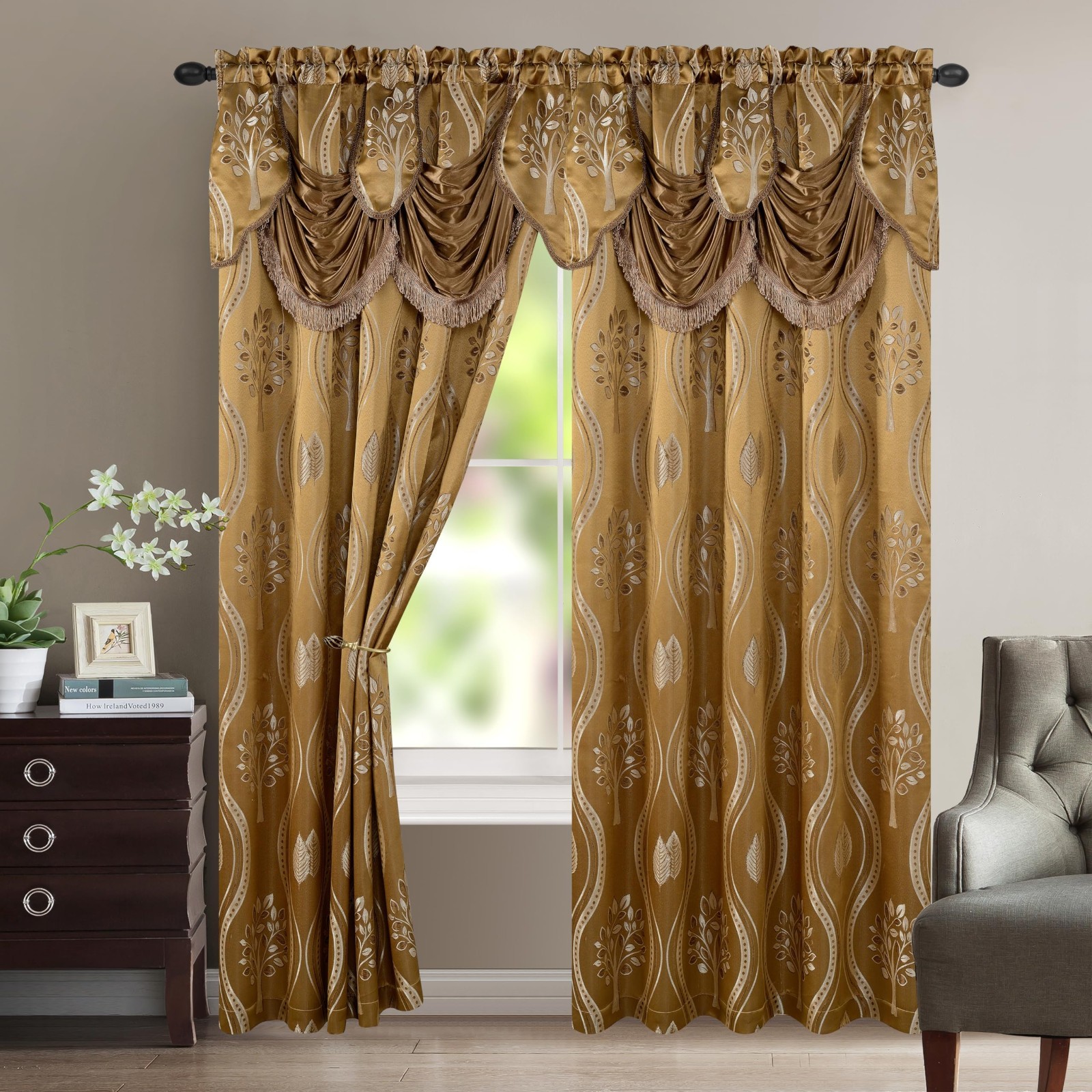 Luxurious Aurora Jacquard Curtain Panel Set with Valance 54″x95″ (2-Pack) – Taup