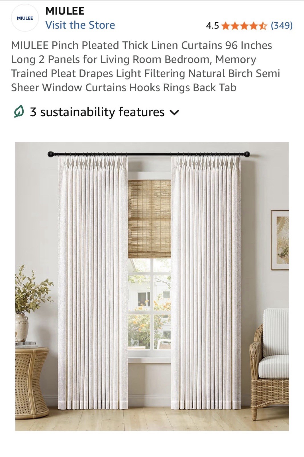 Miulee Pinch Pleated Curtain 96 Long Set Of 2 Brand New Linen Blend Easy Hang