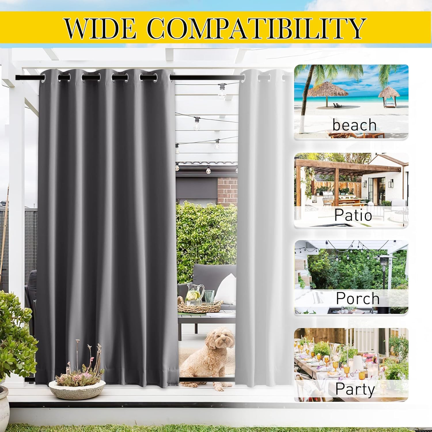 2 Panels Outdoor Curtains for Patio Waterproof & Windproof, Grommet & Back Tab o
