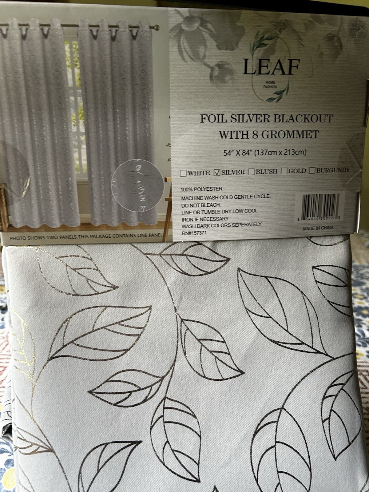 Silver Blackout Curtain Panel 54” x 84” Leaf Pattern Grommet Top – 2 Panels