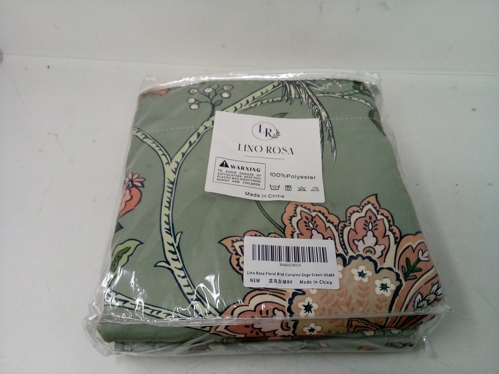 LINO ROSA FLORAL BIRD CURTAINS-SAGE GREEN 50×84 {100%POLYESTER}