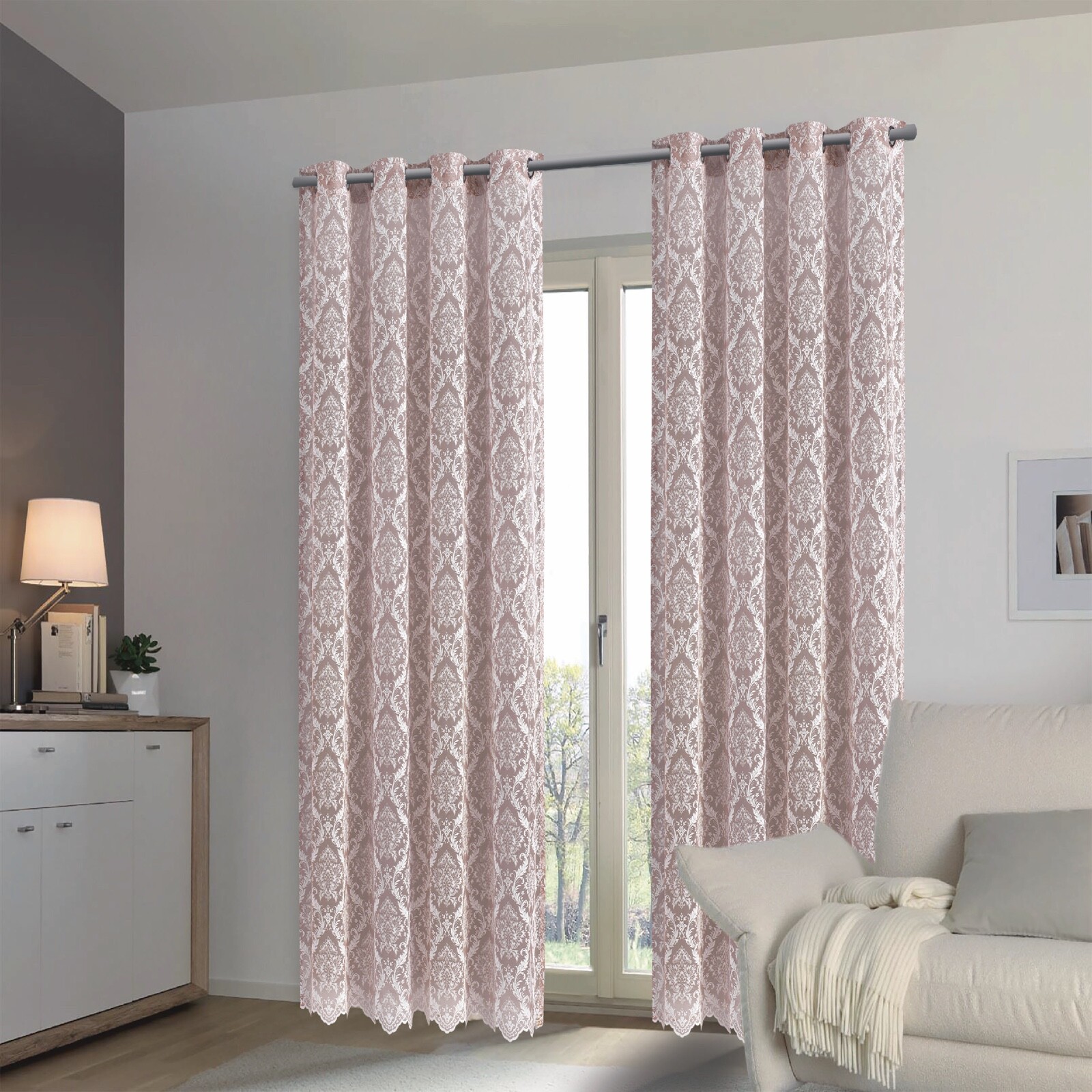 Pink Damask Lace Window Panel Curtain Vintage Lace Shabby Chic Lace Curtains