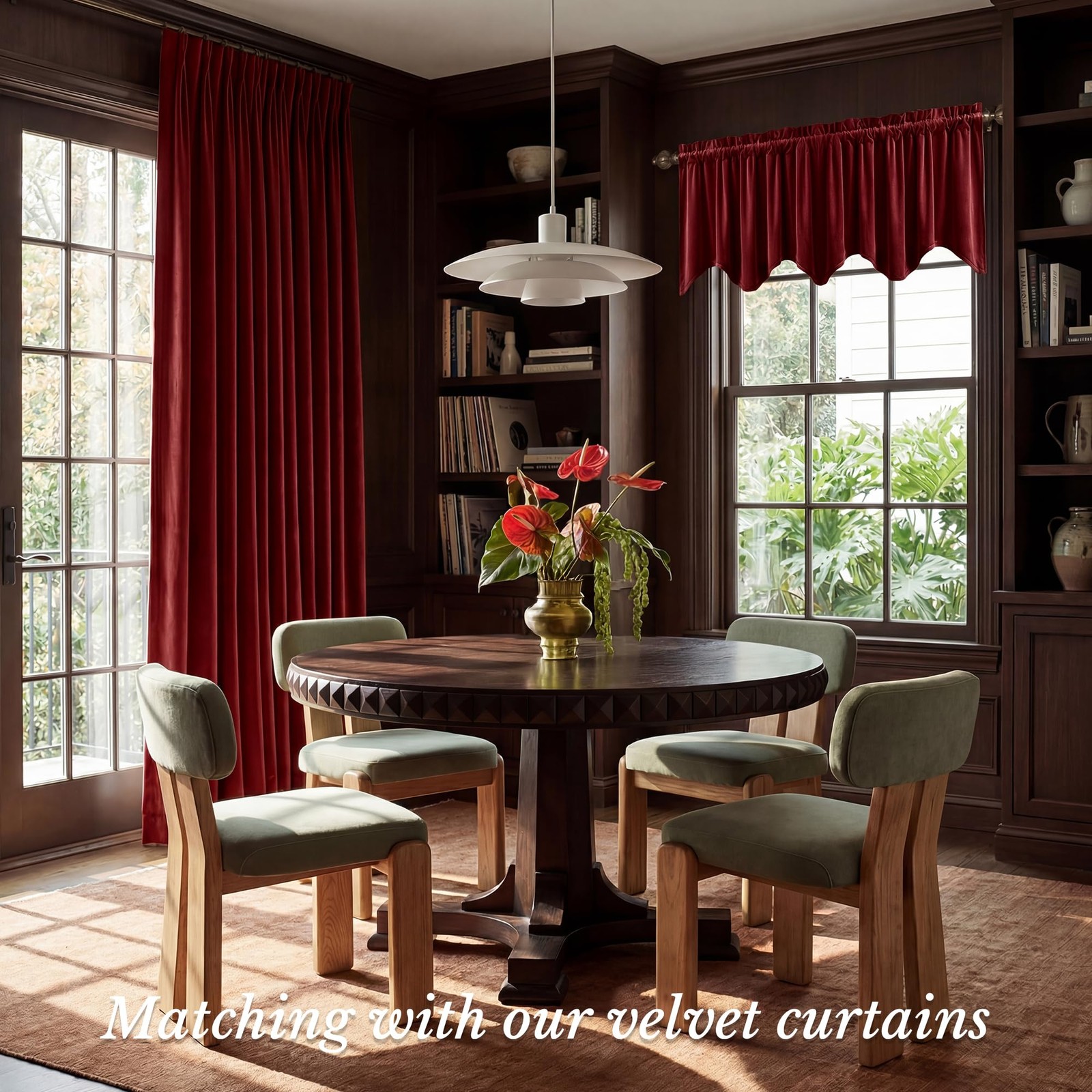 Red Christmas Window Valance, Thick Velvet Cafe Curtains with Wavy Edge, Vint…