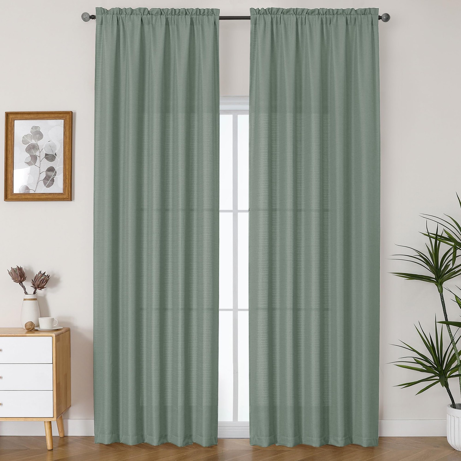 Lecloud Bessie Sage Green Curtains 96″ Long – 2 Panels, Light Filtering Cozy