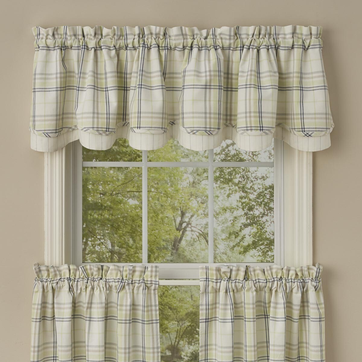 Dew Drop Lined Layered 16×72 VALANCE Country Cottage Green Creme Grey Plaid Park