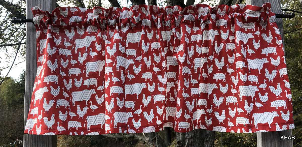 Dairy Farm Cow Valance Pig Rooster Chickens Duck Red Country Farmhouse Curtain