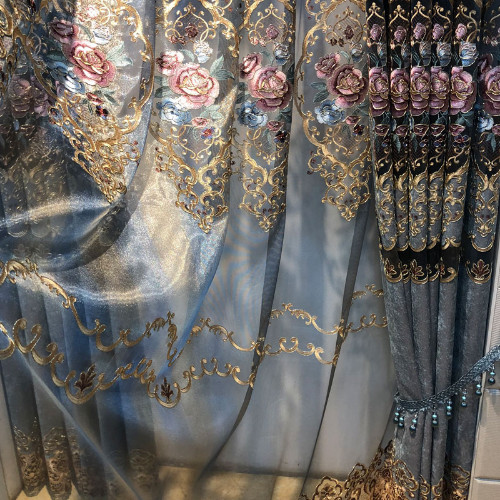Blue Embroidered Chenille Curtains Room Embroidered Tulle Custom Valance Villa