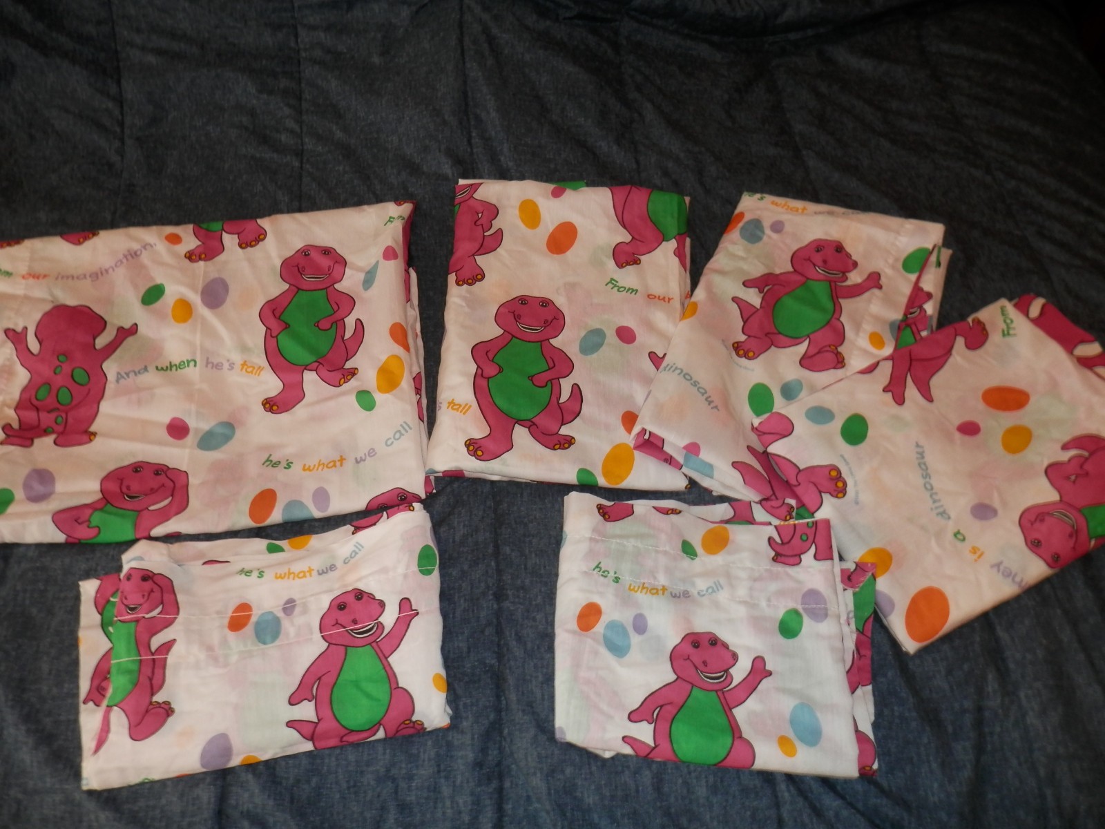 1992 Barney the Dinosaur 4 pannel Curtains & 2 valance set Rod Pocket Vintage