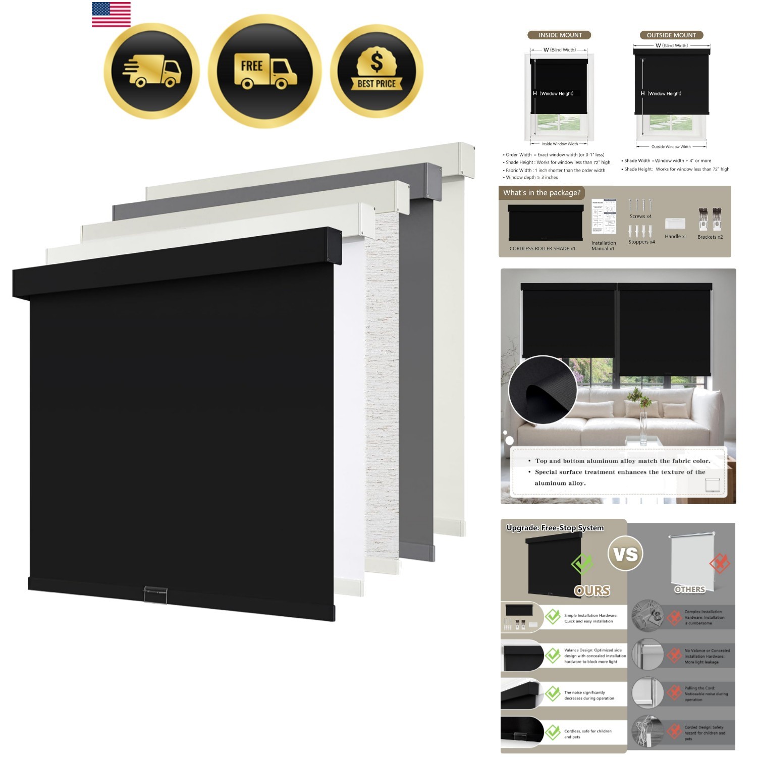 Cordless Blackout Roller Shades Blinds for Windows Free-Stop,Pull Down Room D…