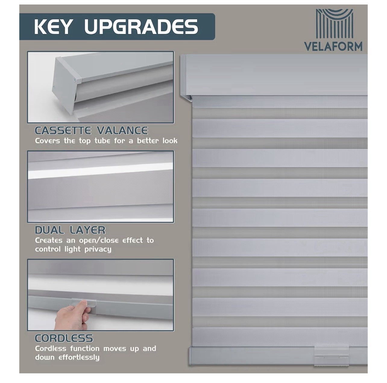 Cordless Zebra Blinds VELAFORM (72” W x 72″ H),Free-Stop, Grey