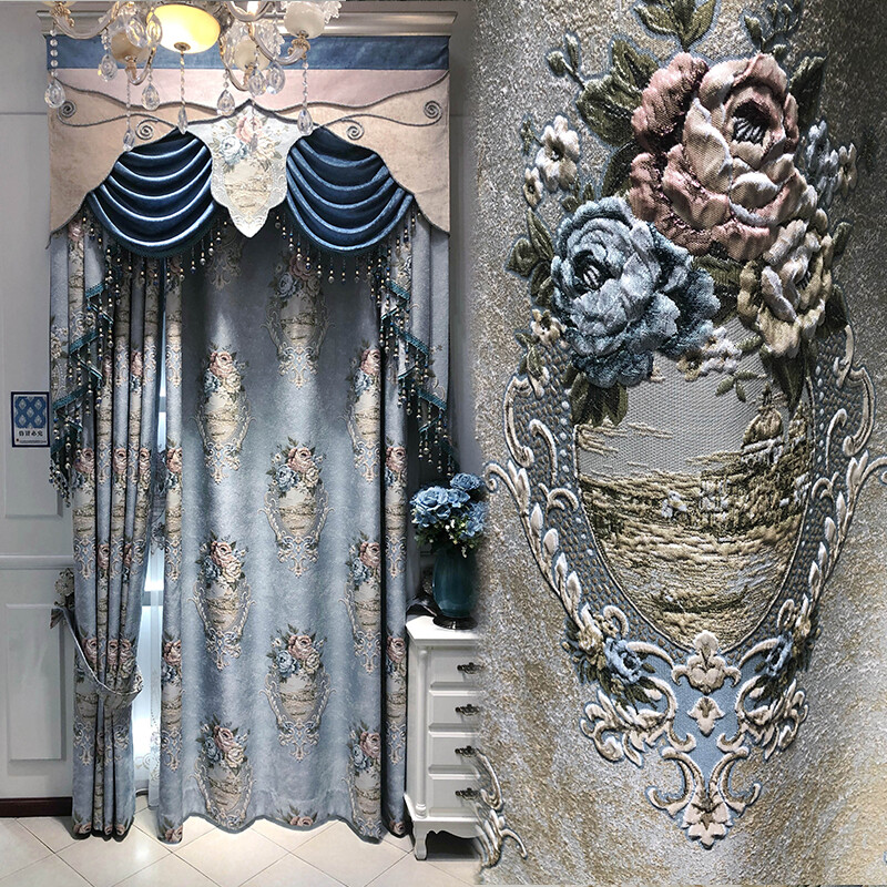 luxury European relief Embroidery blue Jacquard valance curtain tulle M1637