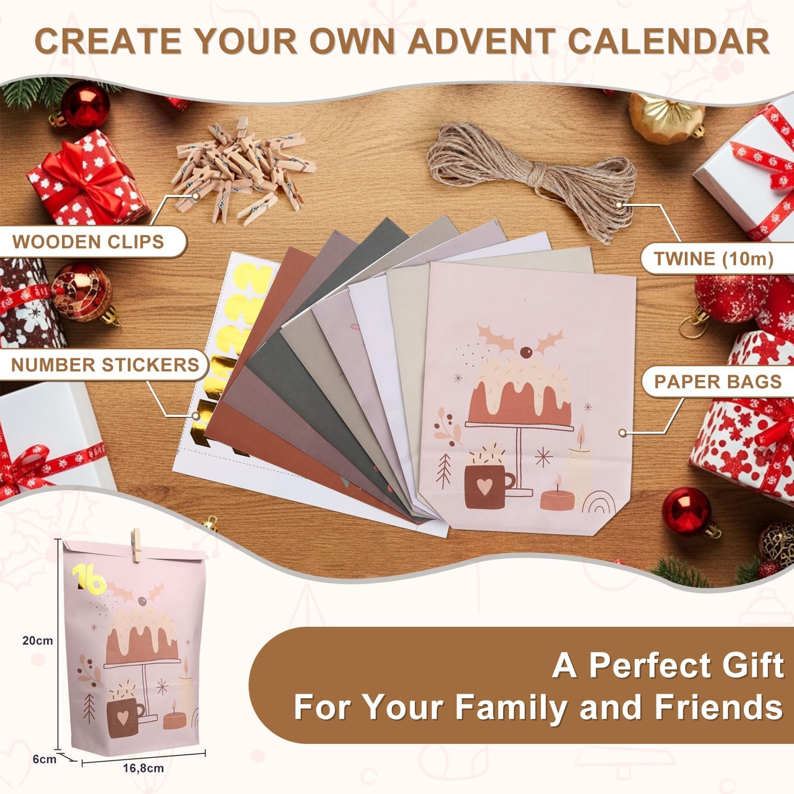 Advent Calendar 2025 24 PCS Empty Gift Paper Bags Wooden Clips DIY Countdown