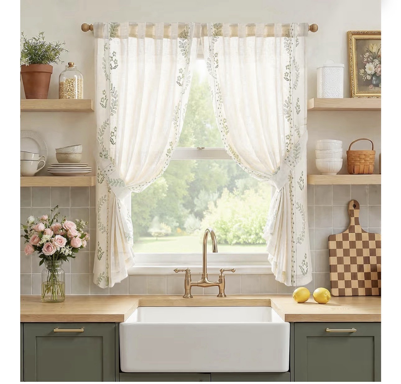 Jinchan Belrose Sage Green Floral linen 2 Panels 50×54”L light filter