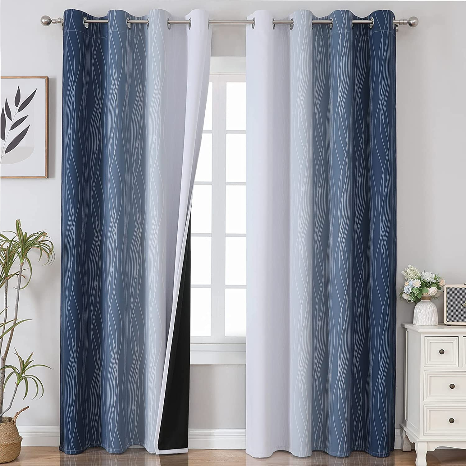 Navy Blue and Greyish White Blackout Curtains for Bedroom 84 Inches Long, Full R