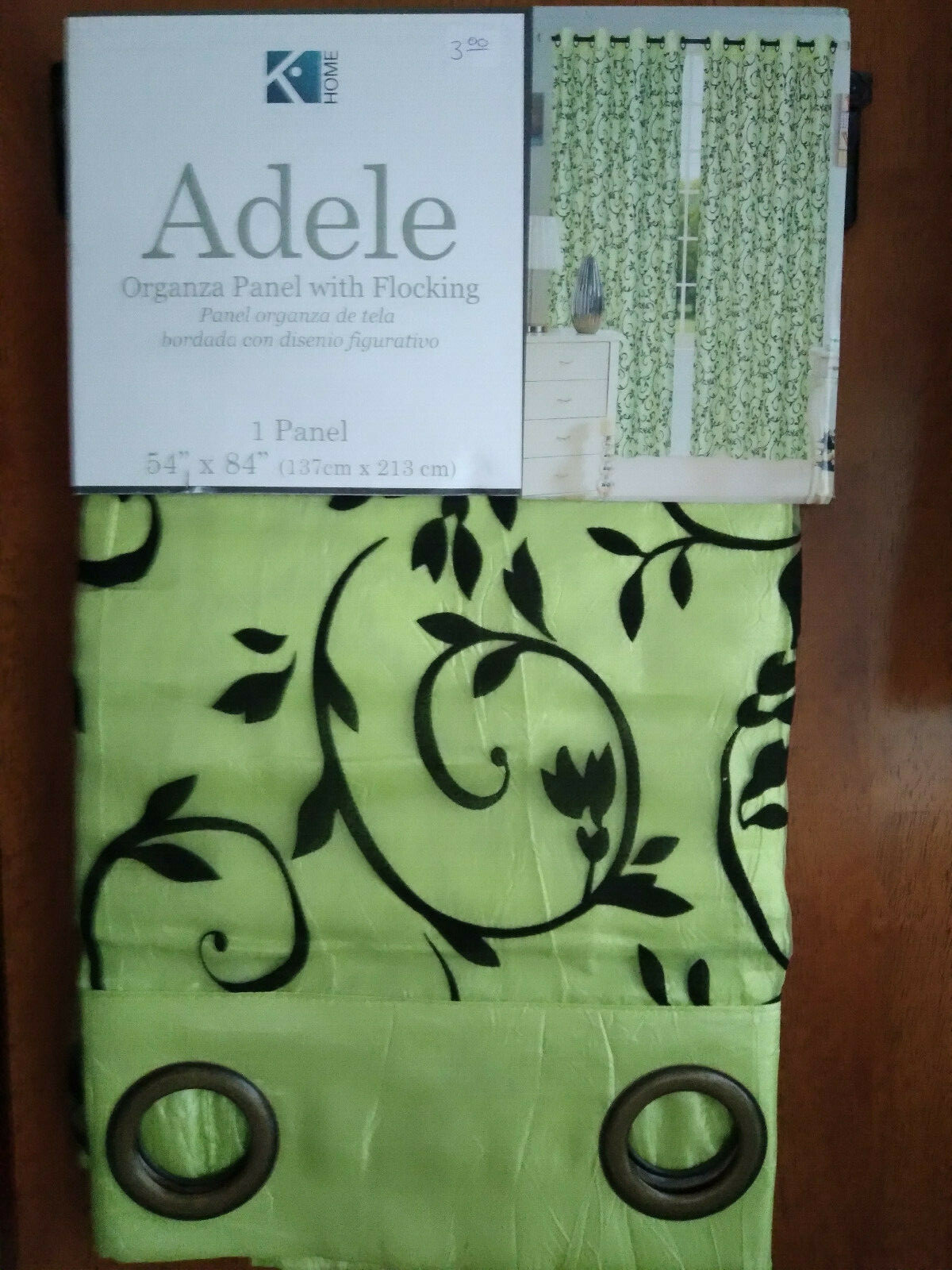 Kashi Home Adele Sage Organza Panel with Flocking 54″ by 84″ (one panel)