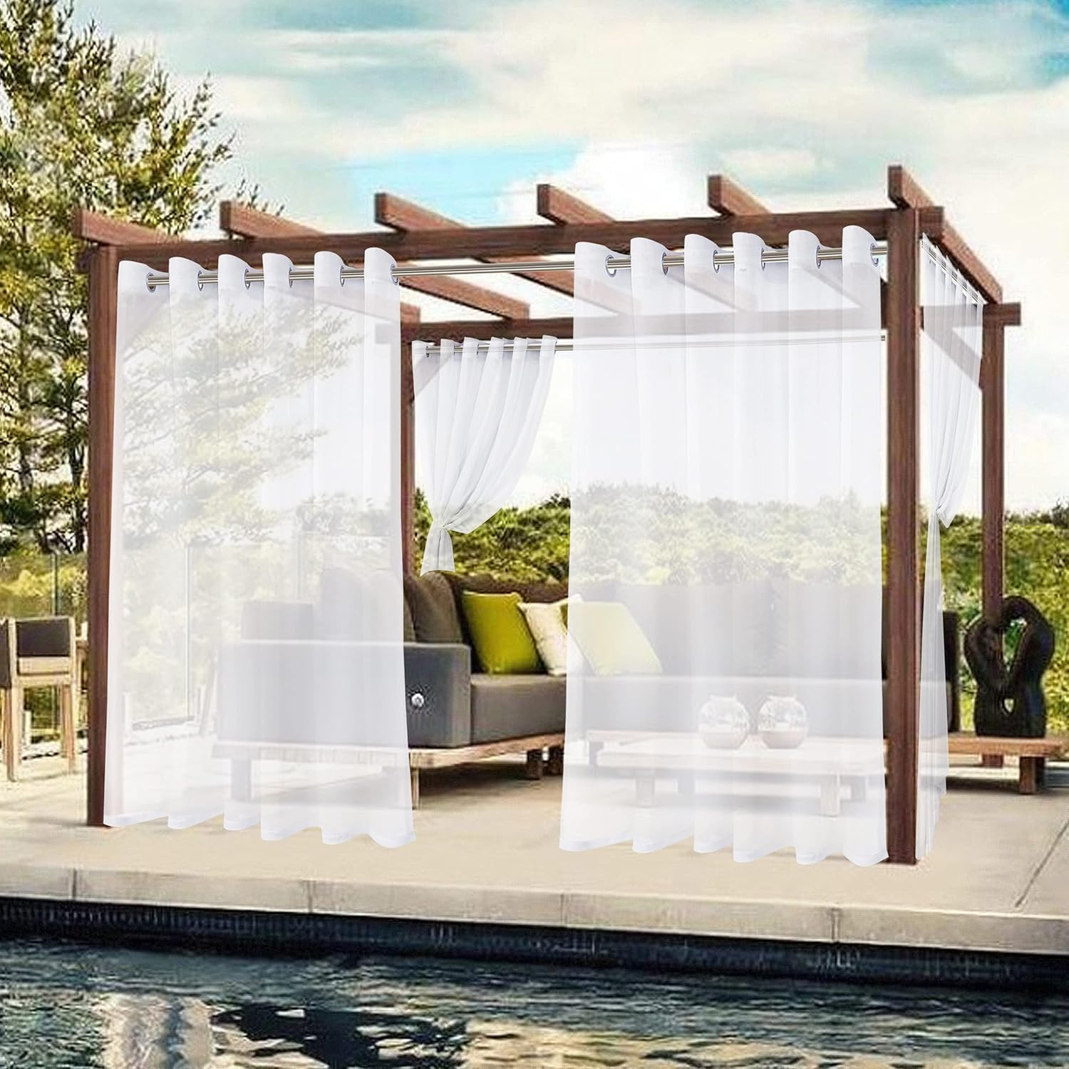 Waterproof White Sheer Curtains for Patio – 2 Panels, 100×120 Inch