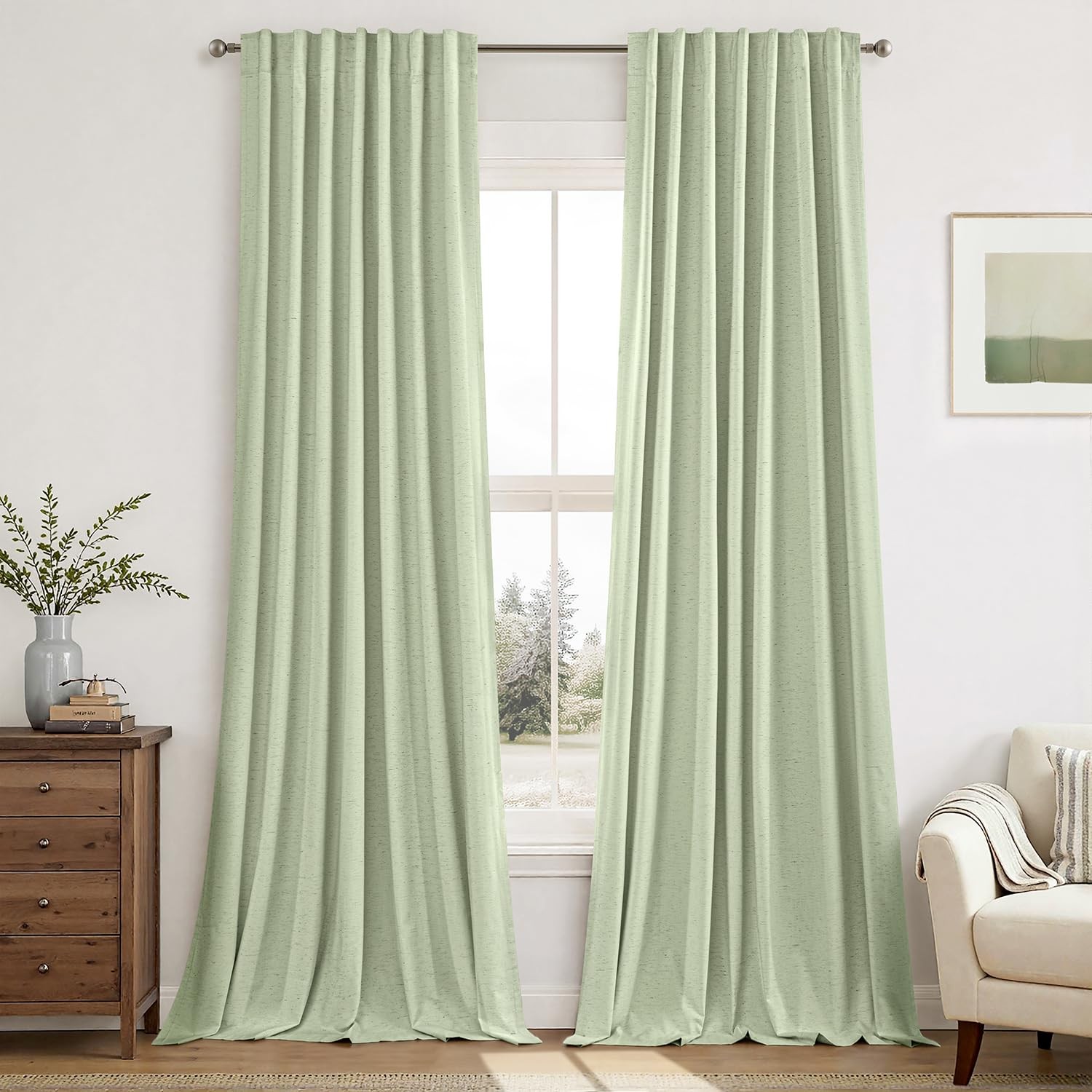 Linen 100% Blackout Curtains 90 Inch Long 2 Panels, Sage Green Back Tab Pleat…
