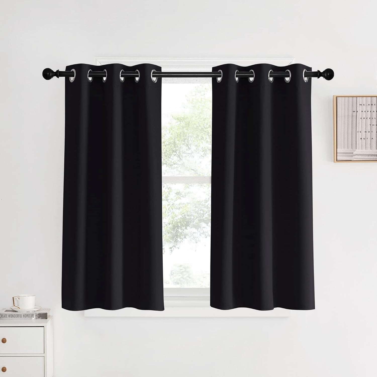 Blackout Bedroom Curtains for Windows 40 inch Long, Black, 2 Panels, 34 in Wi…