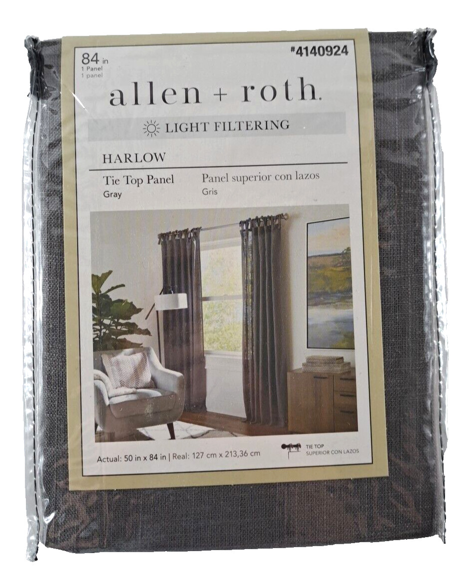 NEW Allen + Roth Curtain Panel Harlow Gray Tie Top Modern Chic Elegant 50×84