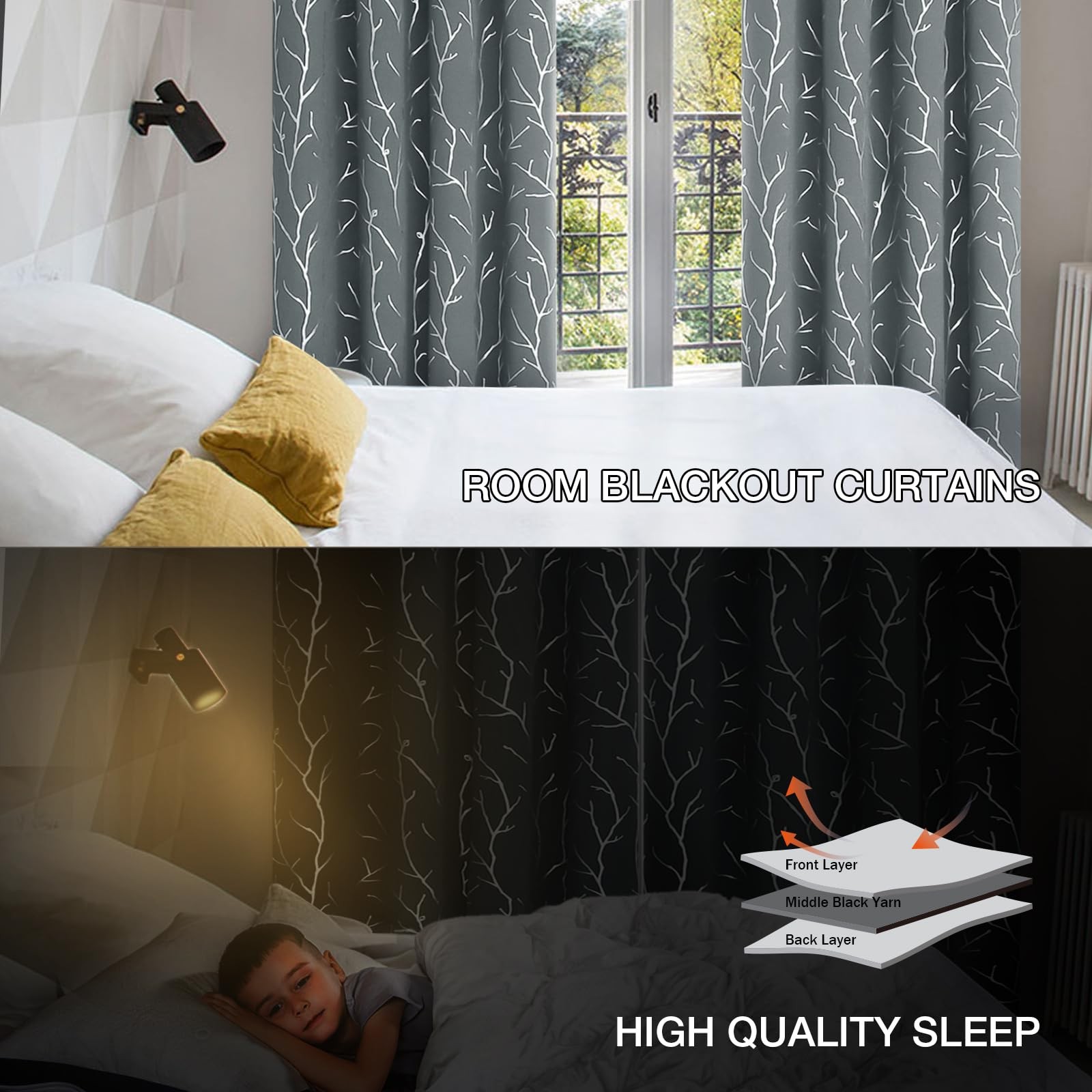 Buhua Blackout Curtains Silver Foil Print Tree Branches Grommet Drapes Room