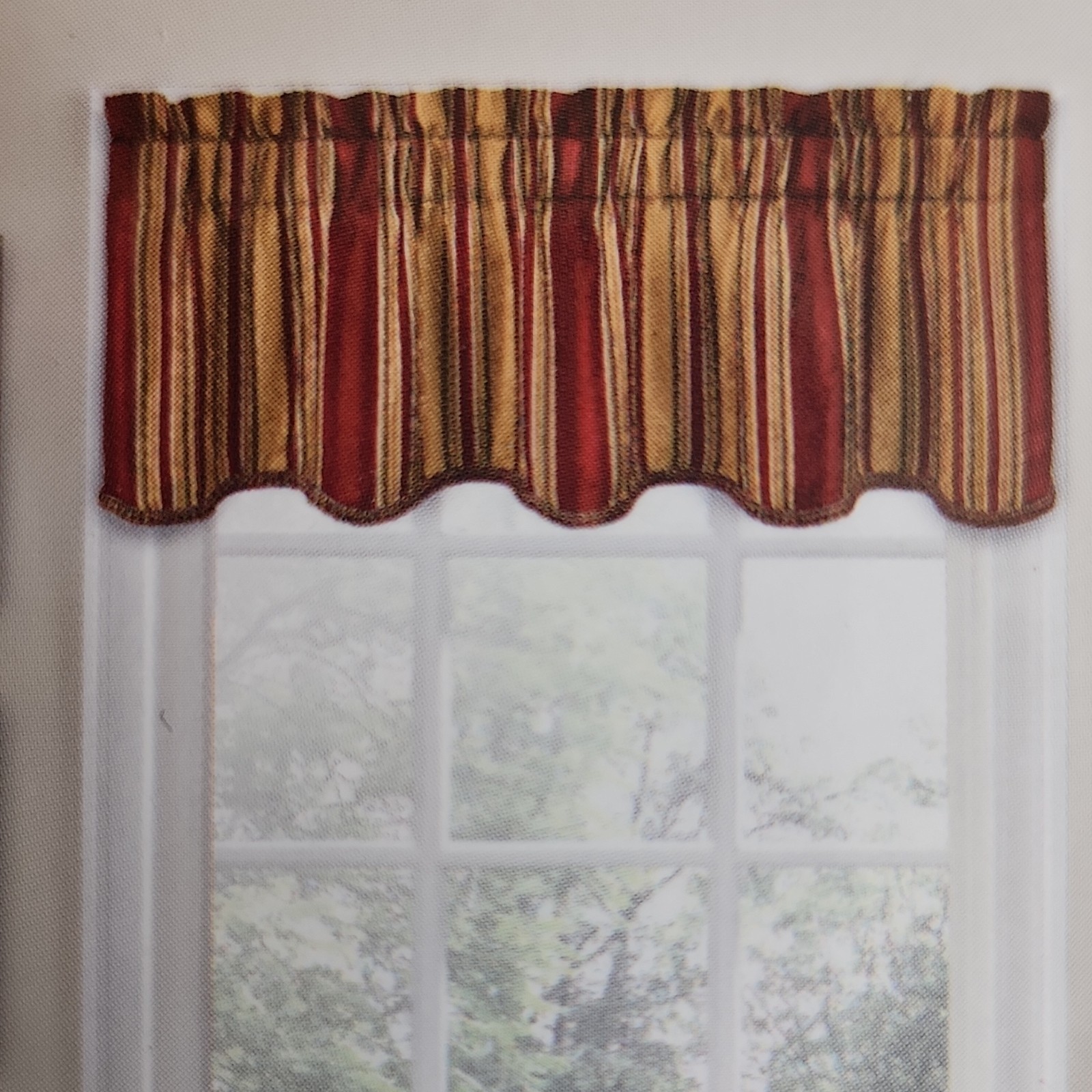 Waverly Valance Stripe Crimson/Gold/Olive Trimmed Scallop 52×16 New With Tags