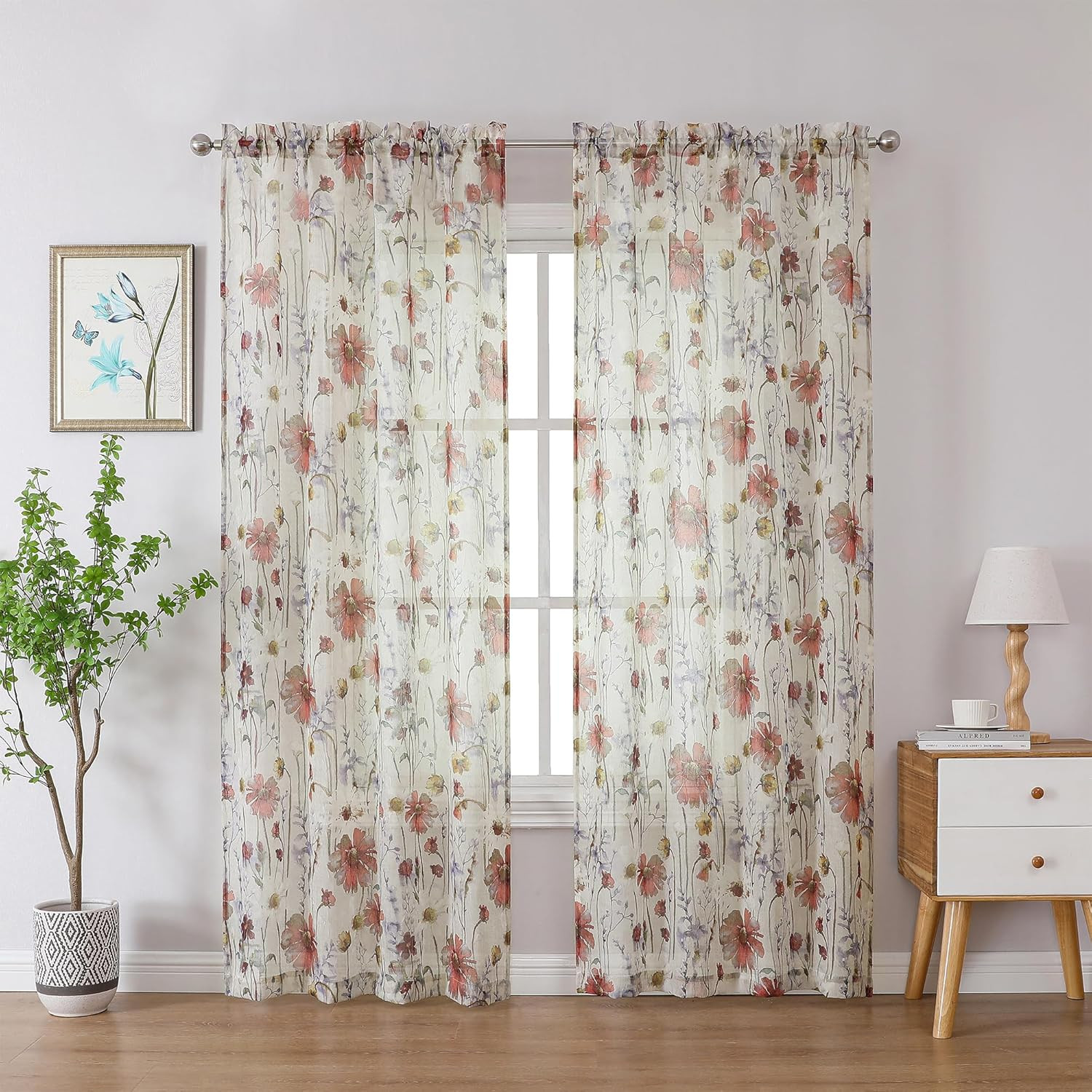 Crushed Semi Sheer Curtains 72 Inches Length 2 Panels, Floral Pattern