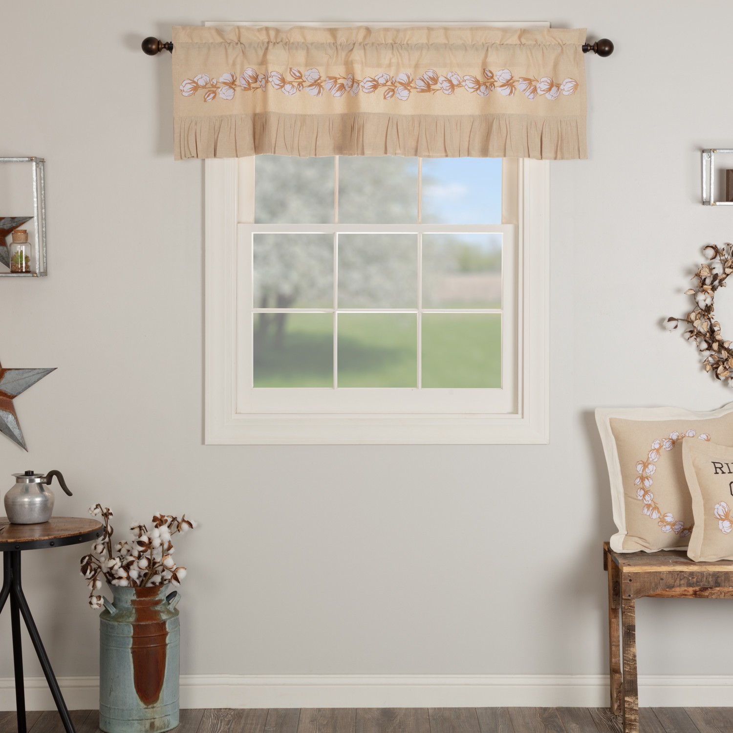 VHC Brands Farmhouse 16″x60″ Cotton Boll Valance Creme / Kitchen Window Curtains