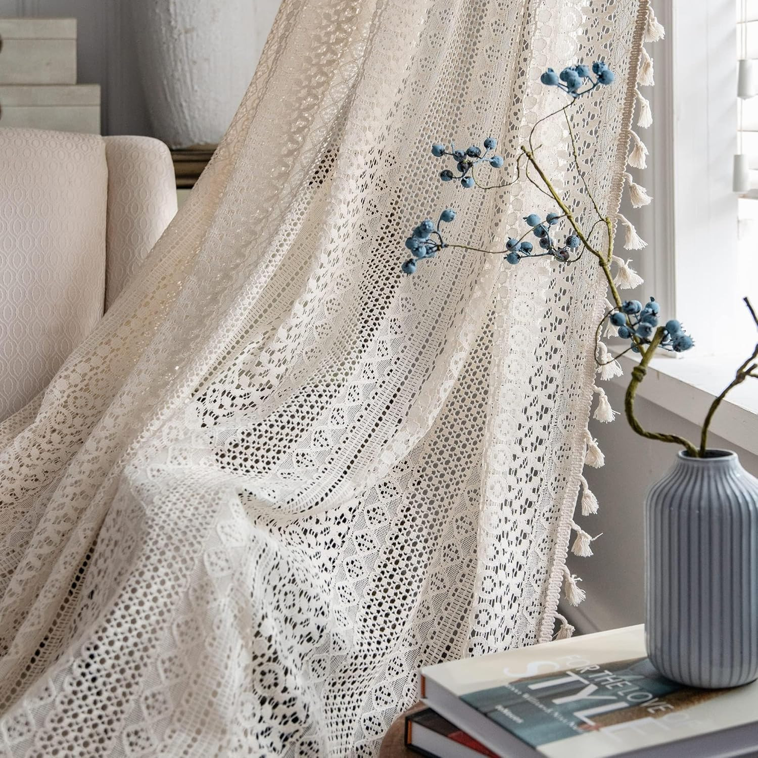 JOOJA Crochet Boho Lace Sheer Curtains Macrame Farmhouse 63 Inches Length Long B
