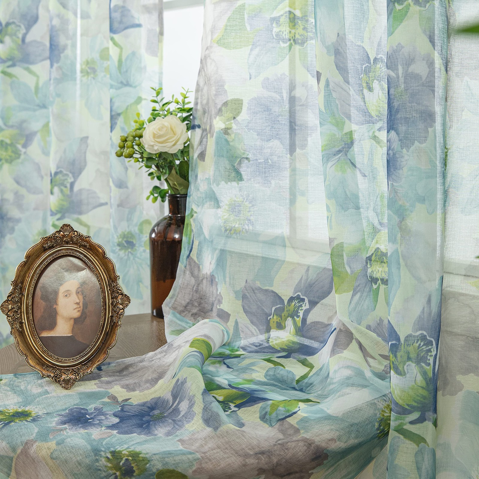 Floral Sheer Curtains 63 Inch Length Blue Flower Printed French Country Semi …