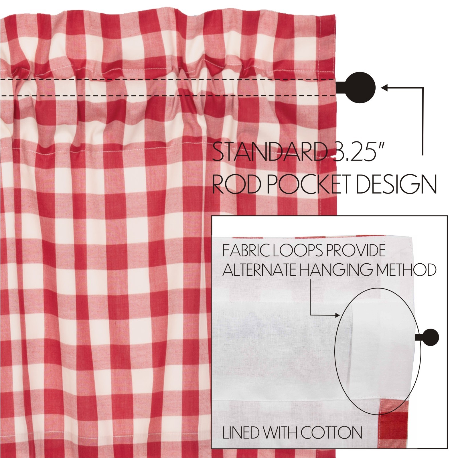 Annie Buffalo Red White Check Lined Country Gathered Long Prairie Curtains
