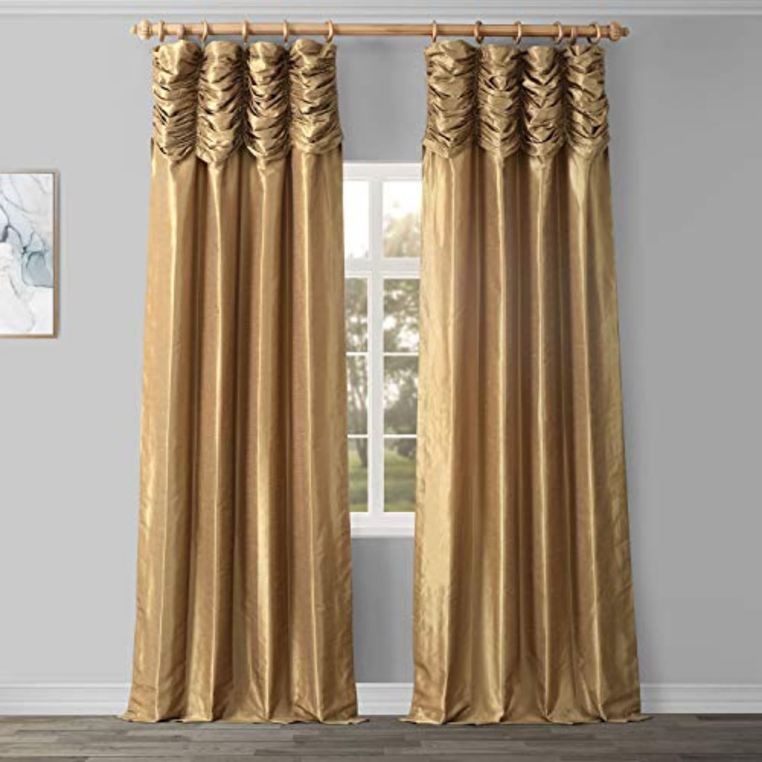 Elegant Ruched Faux Silk Curtains 50×84 Flax Gold – Living Room Panel