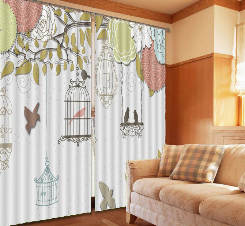 Spring Birdcage 3D Curtains Blockout Photo Printing Curtains Drape Fabric