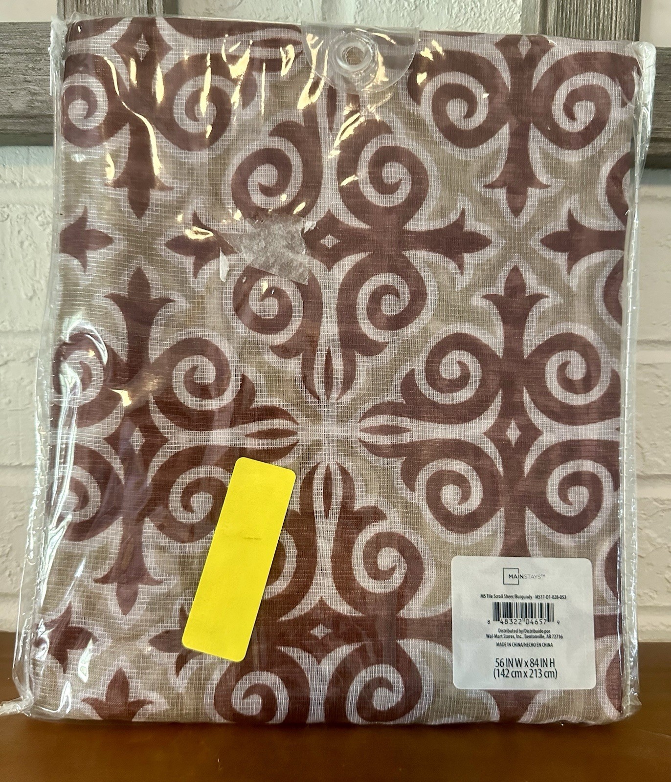 Mainstays Tile Scroll Sheer Burgundy Rod Pocket Panel 56 x 84, NEW