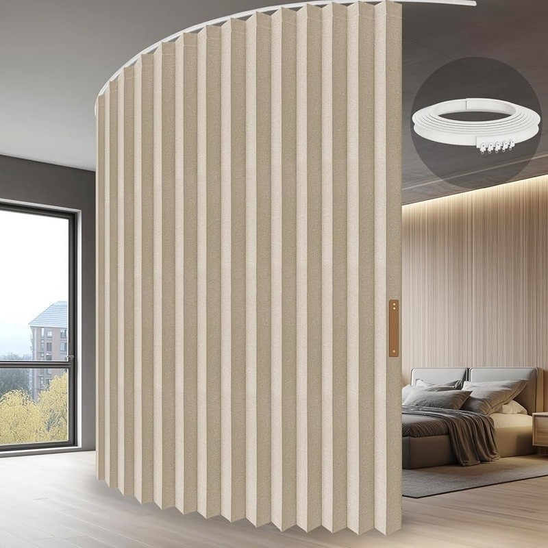 Premium Accordion Room Divider W/ Blackout Curtain & Curved Track Easy Install