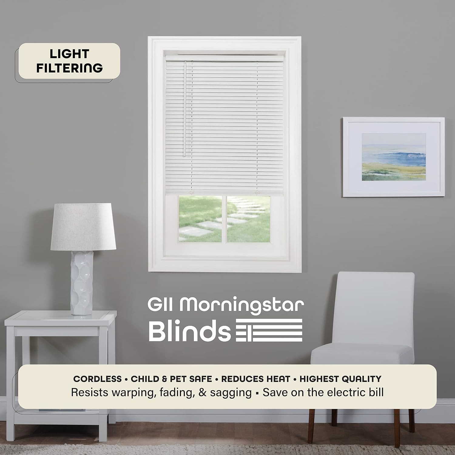 Cordless Light Filtering Mini Blind – 33 Inch Width 72 Inch Length 1″ Slat Size