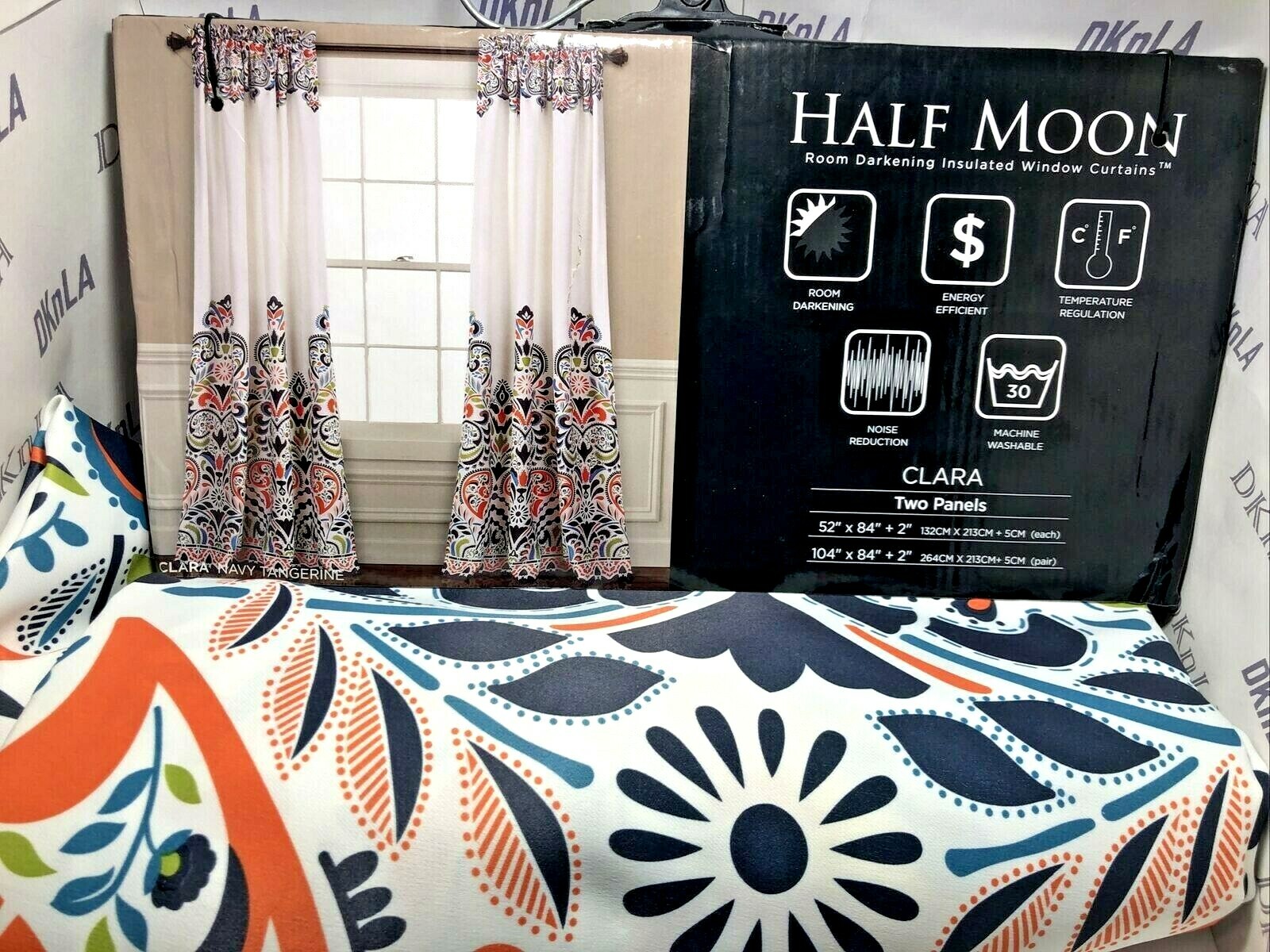 2 Pack – Half Moon, Clara (Navy/Tangerine) 52″ x 84″ Curtains – Room Darkening